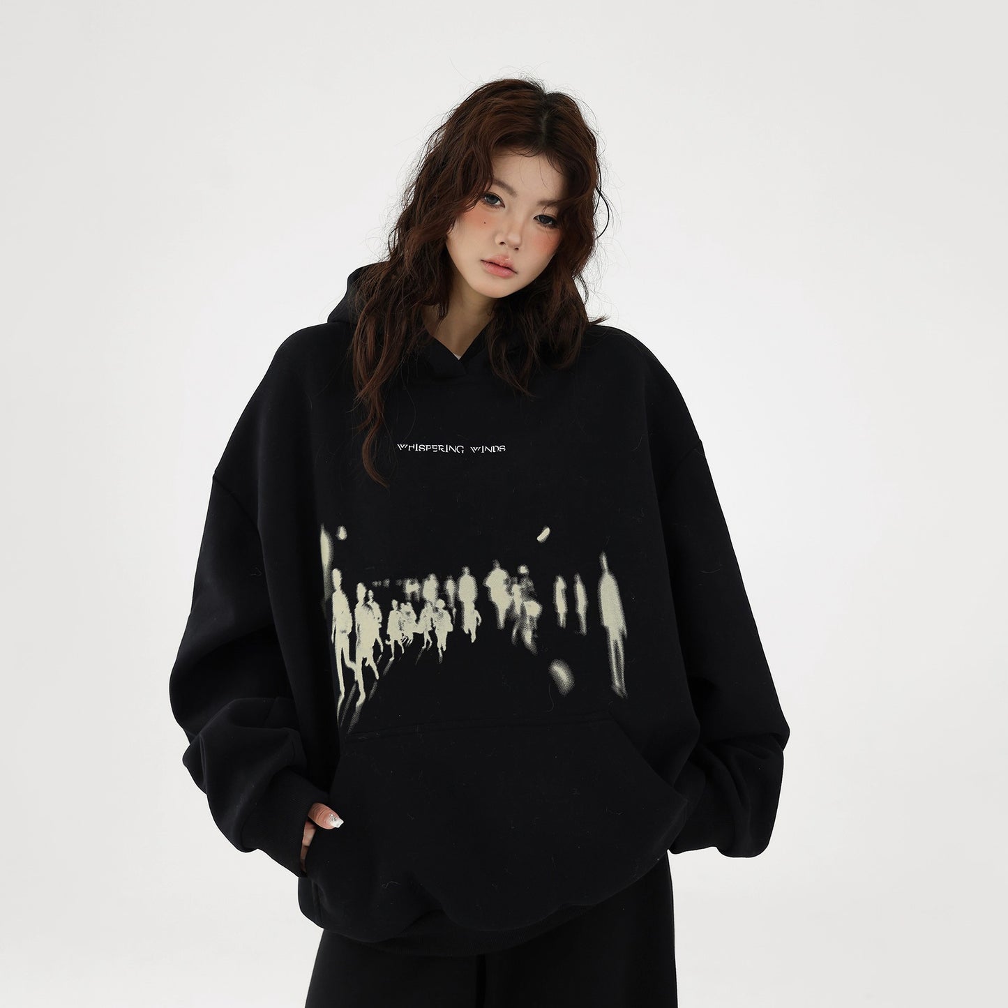 【トップス】レトロ感たっぷり ぼかしシルエットプリント ストリートゆるパーカー【FCシリーズ】