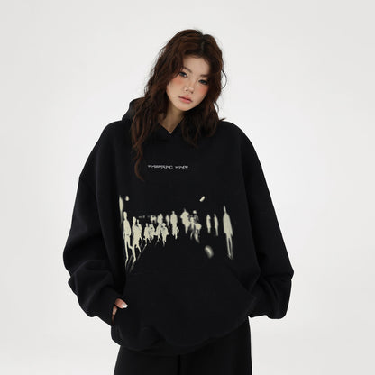 【トップス】レトロ感たっぷり ぼかしシルエットプリント ストリートゆるパーカー【FCシリーズ】