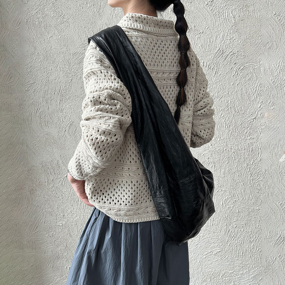 【アウター】レトロクロシェ風透かし編みニットカーディガン｜折り襟×長袖の大人可愛い【JZシリーズ】