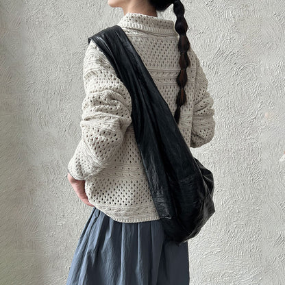 【アウター】レトロクロシェ風透かし編みニットカーディガン｜折り襟×長袖の大人可愛い【JZシリーズ】