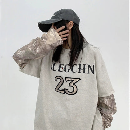 【トップス】春秋 フェイクレイヤード 刺繍 長袖 Ｔシャツ【FCシリーズ】