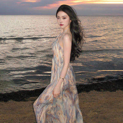 【ワンピース】【海辺の旅行に】フレンチレトロ 油絵風 ニュアンス花柄 ホルターネック ノースリーブワンピース｜バックレス ビーチ リゾート ロングドレス 夏【SHシリーズ】