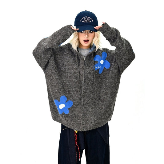 【アウター】小花柄 小花柄 ニット カーディガン フード付き ジャケット 【FCシリーズ】