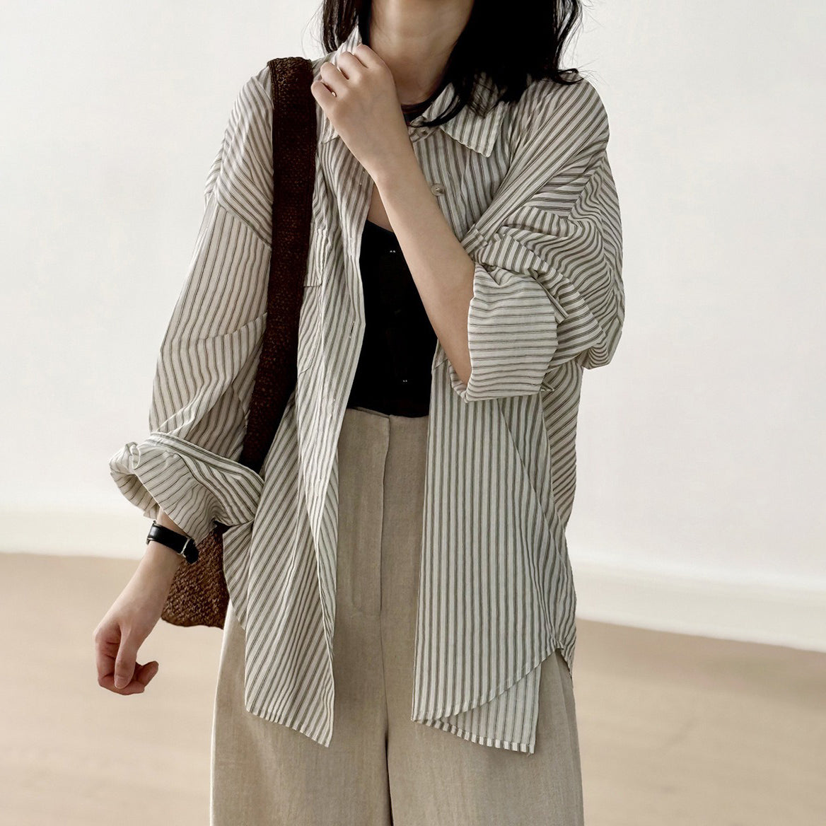 【トップス】カジュアル ヴィンテージ 夏 ゆったり 日焼け防止 ラフなストライプ 長袖シャツ【JZシリーズ】