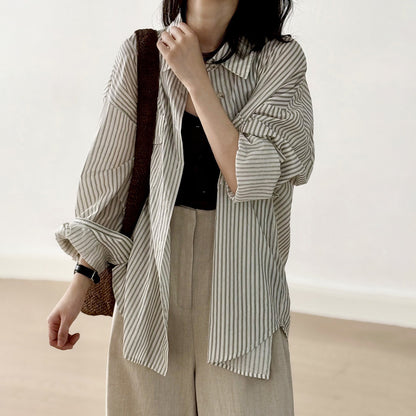 【トップス】カジュアル ヴィンテージ 夏 ゆったり 日焼け防止 ラフなストライプ 長袖シャツ【JZシリーズ】