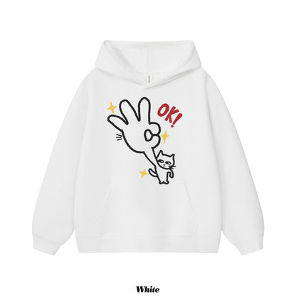 4カラー | S~3XL【トップス】ユニーク猫プリント 手描き風 フード付きスウェット 春秋 ペアOK ルーズ ユニセックス ルーズ パーカー【FCシリーズ】