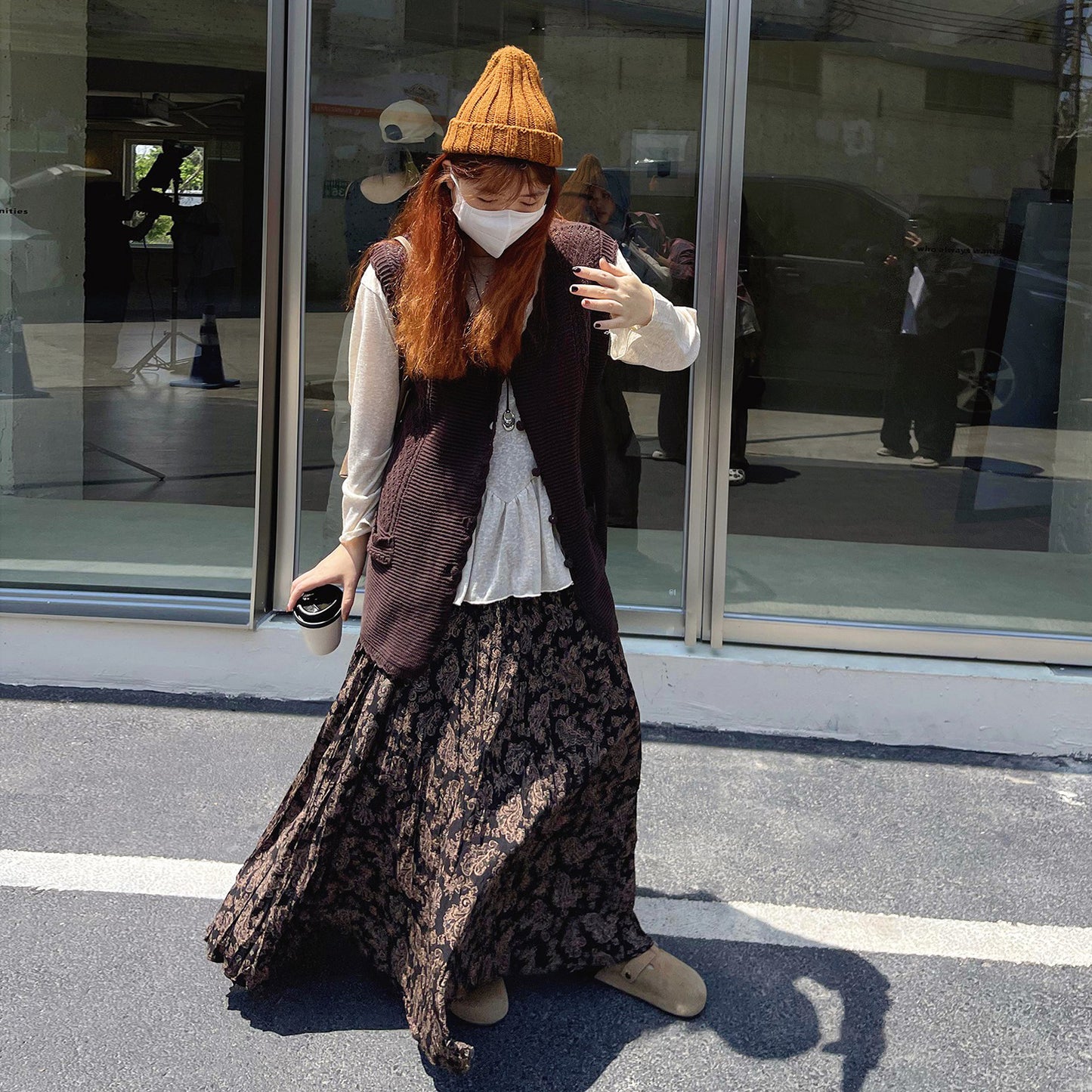 【ボトムス】レトロ風 ハイウエスト スリム見え フレアロングスカート 花柄プリーツ デザイン性スカート【SHシリーズ】