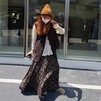 【ボトムス】レトロ風 ハイウエスト スリム見え フレアロングスカート 花柄プリーツ デザイン性スカート【SHシリーズ】