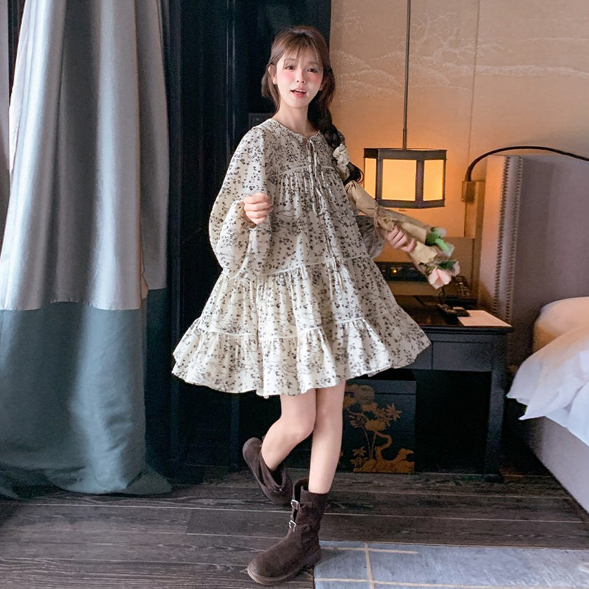 【ワンピース】フレンチ気質 花柄長袖ワンピース レディース 春秋 若見え 可愛い 清楚 ガーリースタイル【SHシリーズ】