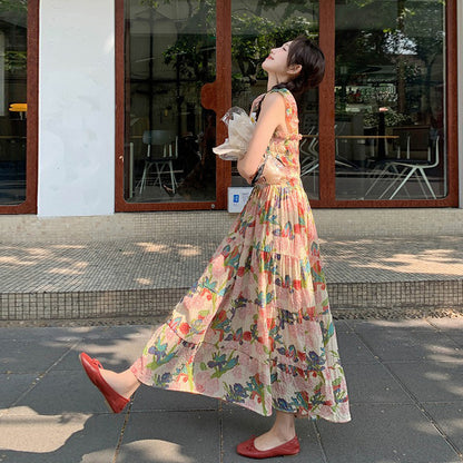 【ワンピース】夏 フレンチ風 スリム効果 ドーパミン 油絵プリント ノースリーブワンピース【SHシリーズ】