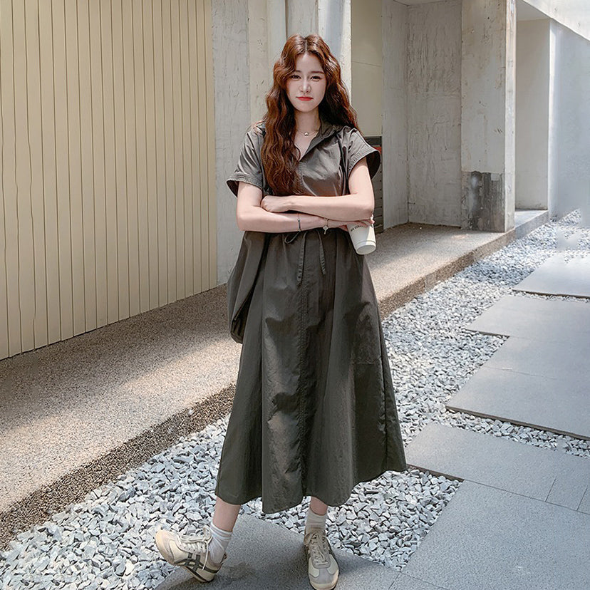 【ワンピース】今季大注目 アメカジ感漂う 半袖 ワークワンピース フード付きロング丈 夏【JZシリーズ】