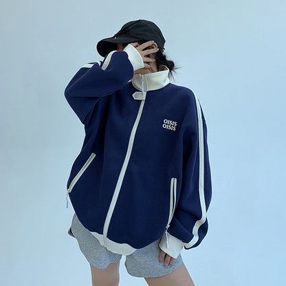 【アウター】ユニセックス スタンドカラーショートブルゾン アメカジ風 配色切り替え ビッグシルエット【FCシリーズ】【10～15日内発送】