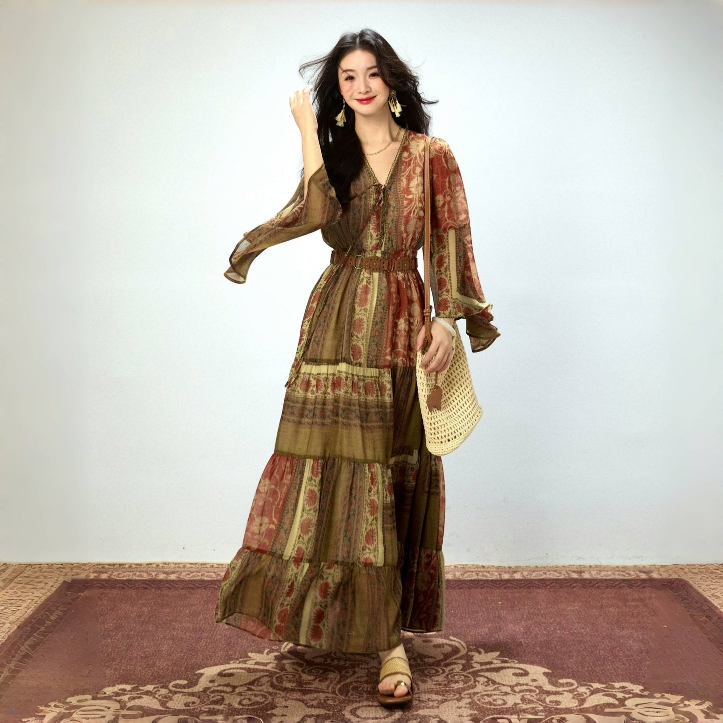 【ワンピース】春 秋 夏 ジプシーガール風 デザイン感 フレアシルエット 長袖 ワンピース 【SHシリーズ】