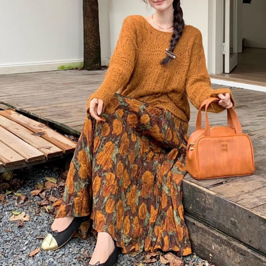 【ボトムス】レトロ風 プリーツスカート 秋新作 ハイウエスト 脚長効果 フレアAラインロングスカート【SHシリーズ】