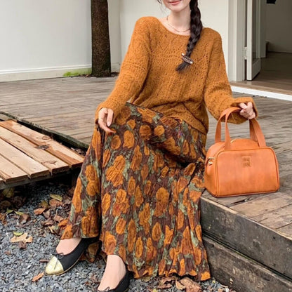 【ボトムス】レトロ風 プリーツスカート 秋新作 ハイウエスト 脚長効果 フレアAラインロングスカート【SHシリーズ】