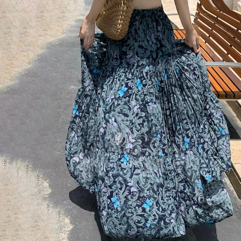 【ボトムス】フレンチ花柄スカート レディース 夏 シフォン素材 ティアードロングスカート ハイウエスト 上品フェミニン【SHシリーズ】