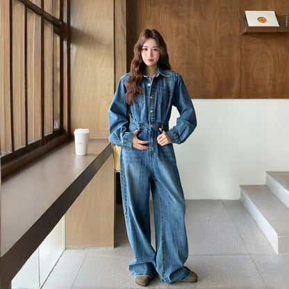 【セットアップ】レトロ 韓国風 ハイウエスト デニム 着痩せ オールインワン【JZシリーズ】