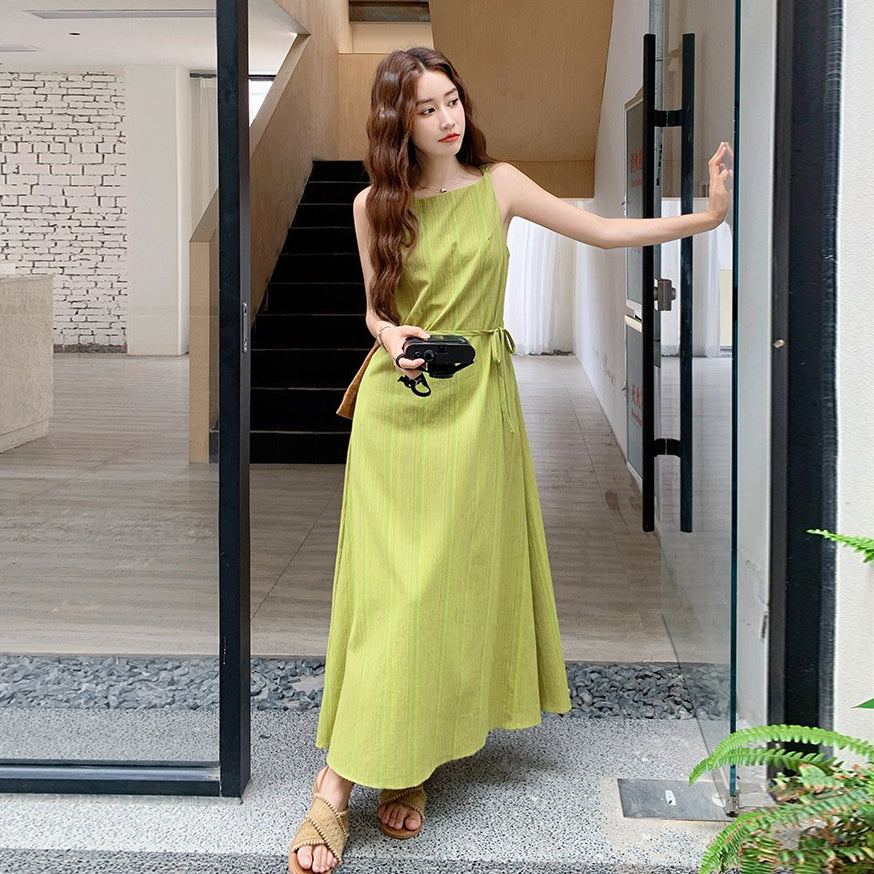 【ワンピース】ライムグリーン ストライプ 配色 ノースリーブキャミワンピース ウエストマーク マキシ丈 夏【JZシリーズ】