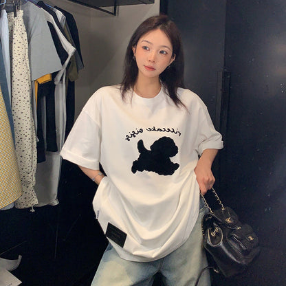 【トップス】ヴィンテージ風 カートゥーンフロッキープリントTシャツ レディース 夏 シンプル ルーズ 半袖【FCシリーズ】