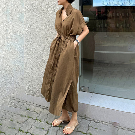 [洋裝] 春秋寬鬆開叉高腰休閒短袖洋裝