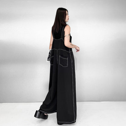 【ボトムス】大人きれいめ オールインワン レディース 夏 ブラック ノースリーブ デザインワイドパンツ 上品【AHシリーズ】