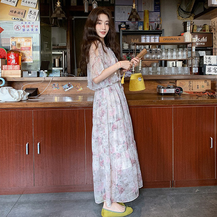 【ワンピース】フレンチ オフショルダー フリルスリーブ 花柄ワンピース 夏 高見え ロングドレス【SHシリーズ】