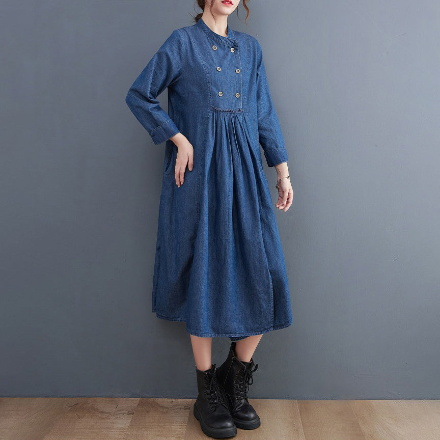 【ワンピース】大きいサイズ 文芸風 Aライン 長袖 デニムワンピース ロング丈 ゆったり 春新作【JZシリーズ】