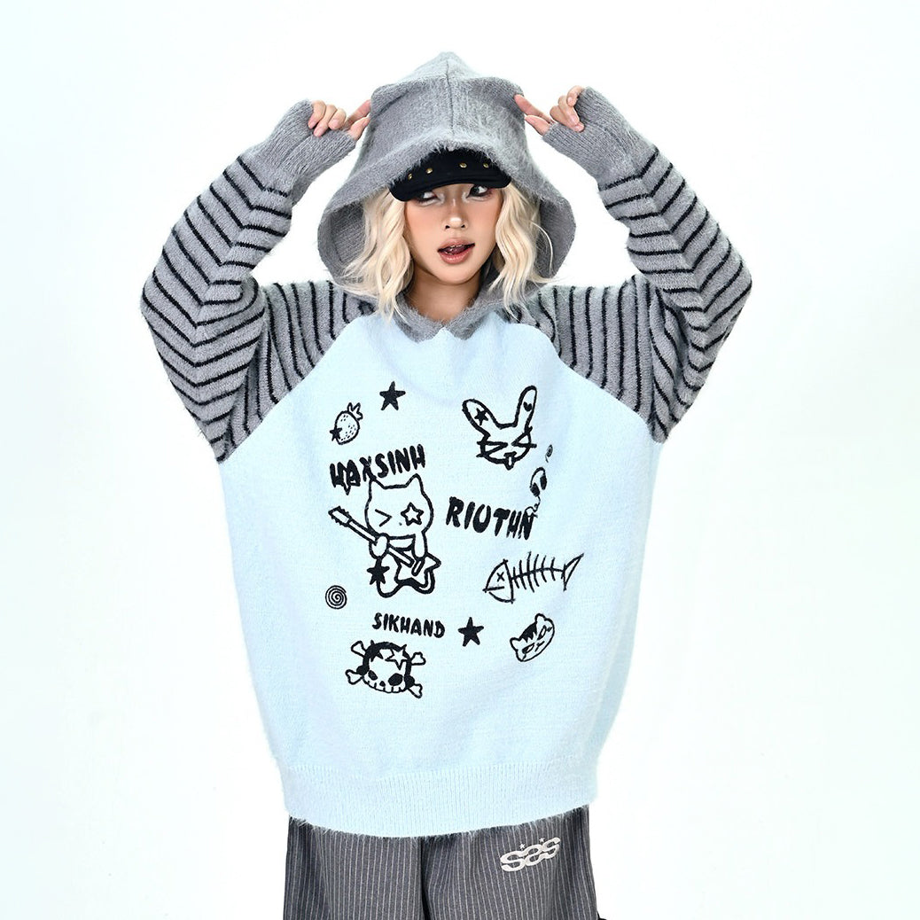 【トップス】ふわふわ カートゥーン柄 フード付きニットセーター レディース 新作 オーバーサイズ BF風 韓国風 ゆるニット【FCシリーズ】