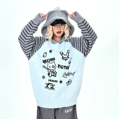 【トップス】ふわふわ カートゥーン柄 フード付きニットセーター レディース 新作 オーバーサイズ BF風 韓国風 ゆるニット【FCシリーズ】