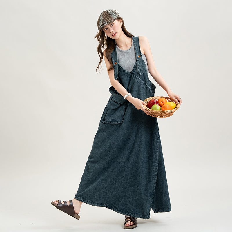 【ワンピース】デニムキャミワンピース Vネック リボンデザイン ノースリーブワンピース ブルー ヴィンテージ風 ルーズフィット カジュアル 夏新作【JZシリーズ】