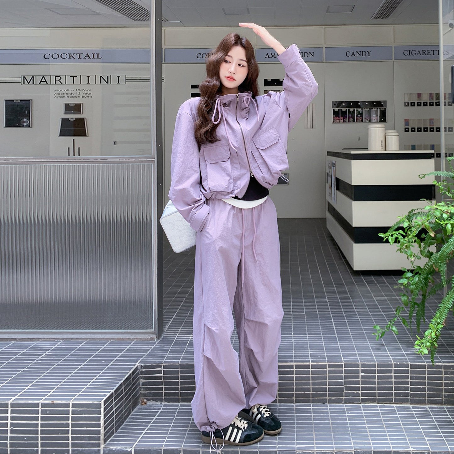 2点セット【セットアップ】大人気 パープル カーゴスタイルジャケット + ワイドパンツ セットアップ 早春秋 【JZシリーズ】