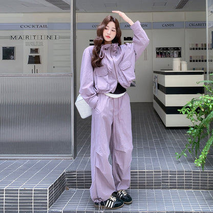 2点セット【セットアップ】大人気 パープル カーゴスタイルジャケット + ワイドパンツ セットアップ 早春秋 【JZシリーズ】