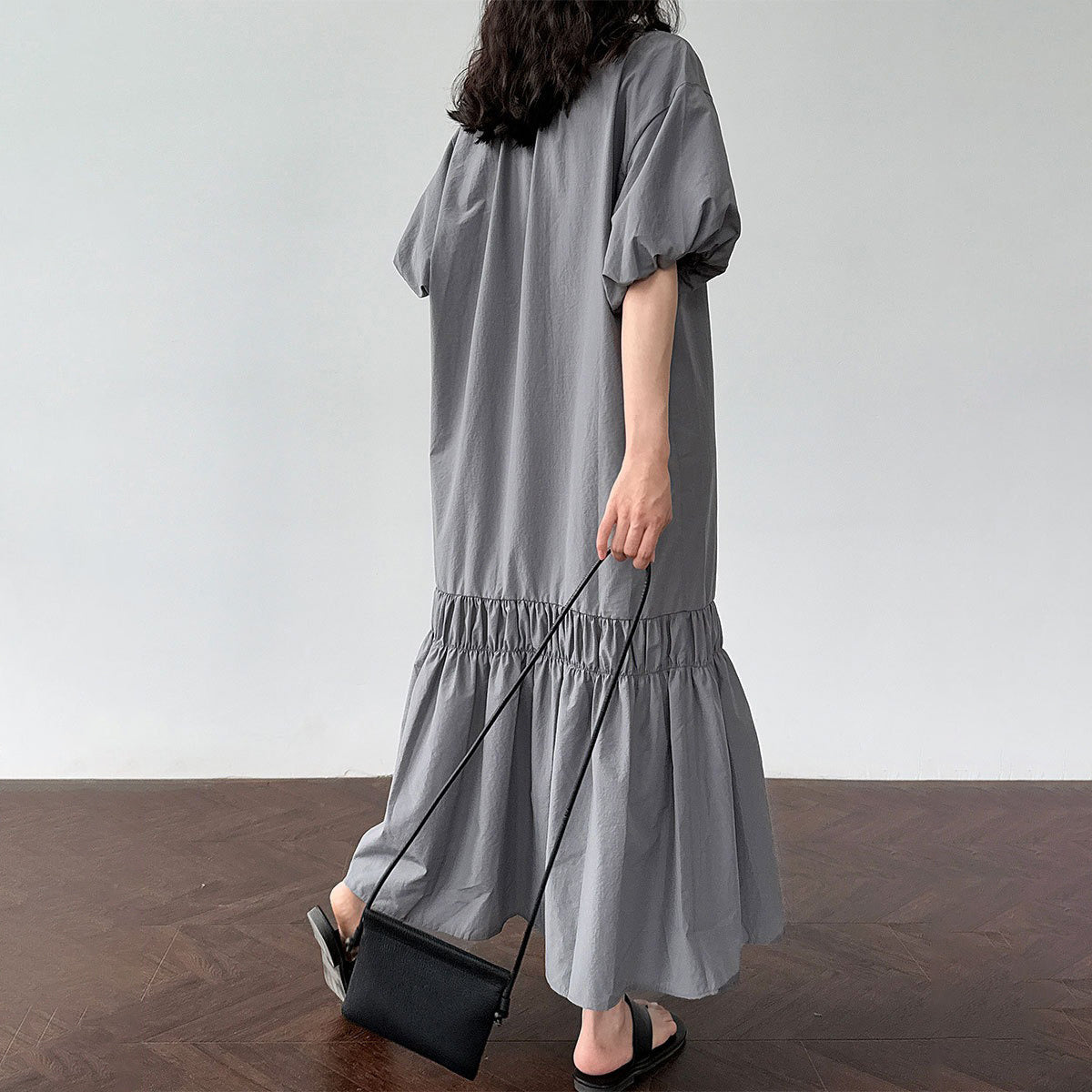 【ワンピース】韓系リボン付きパフスリーブ 細見え 切り替え 半袖ワンピース 【JZシリーズ】