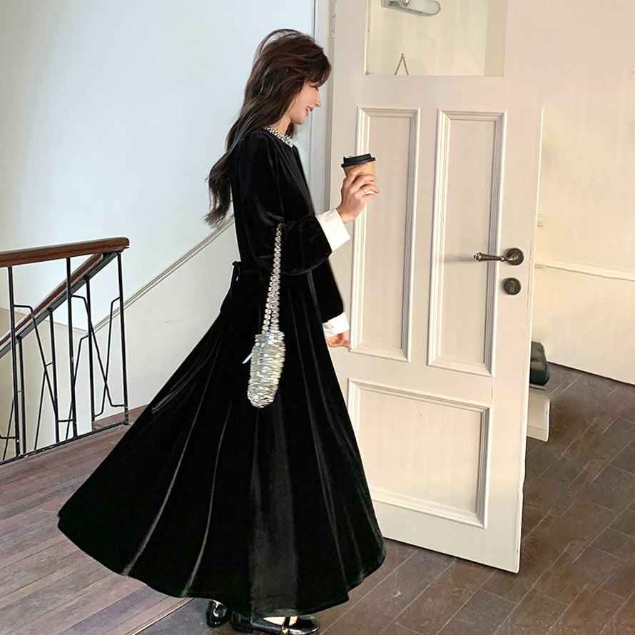 【ワンピース】レトロフレンチベルベットロングワンピース レディース 春新作 ブラック 上品 大人っぽい フィットシルエット【JZシリーズ】