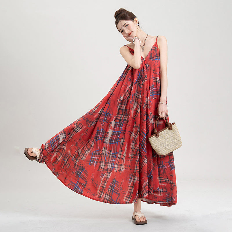 【ワンピース】チェック ワンピース レディース 夏 キャミワンピース ロング丈 ゆったり 人気 フレンチ風 上品 フェミニン リゾートコーデ【SHシリーズ】
