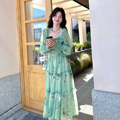 【ワンピース】超美 春夏秋 高級感 フリル付き プリント 長袖ワンピース【SHシリーズ】