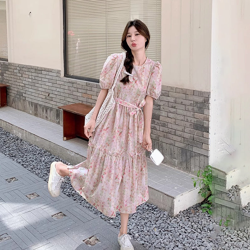 【ワンピース】夏 フレンチカントリー風 ラウンドネック パフスリーブ フラワープリント 半袖ワンピース【SHシリーズ】