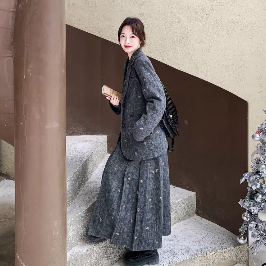 【セットアップ】刺繍入り ウール風 ブレンド ダウンジャケット＆スカート 上下セット 秋冬 ダウンコート【SHシリーズ】【10～15日内発送】