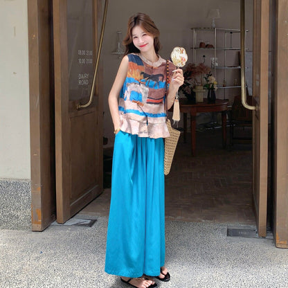 2点セット！【セットアップ】チャイナ風 レディース ノースリーブトップス ワイドパンツ 花柄デザイン 上下セット 上品【SHシリーズ】