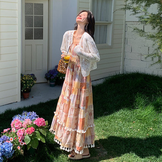 2点セット！【セットアップ】ヴィンテージエレガンス リゾート風 カーディガン＋ノースリーブワンピース セット【SHシリーズ】