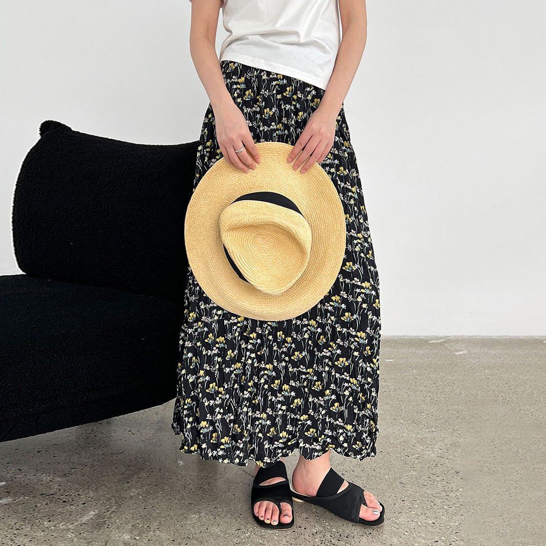 【ボトムス】韓国風 小花柄 ゆったり 体型カバー Aライン ハイウエスト 着痩せ効果 ミモレ丈スカート【SHシリーズ】【JZシリーズ】