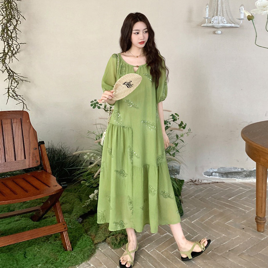 【ワンピース】森系 重工刺繍 パフスリーブ 夏 フレンチ風 半袖ワンピース【SHシリーズ】