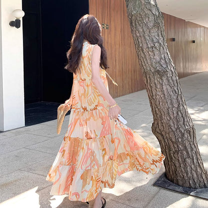 【ワンピース】高級感あふれるロマンティックリゾート風 シフォン花柄ノースリーブワンピース【SHシリーズ】