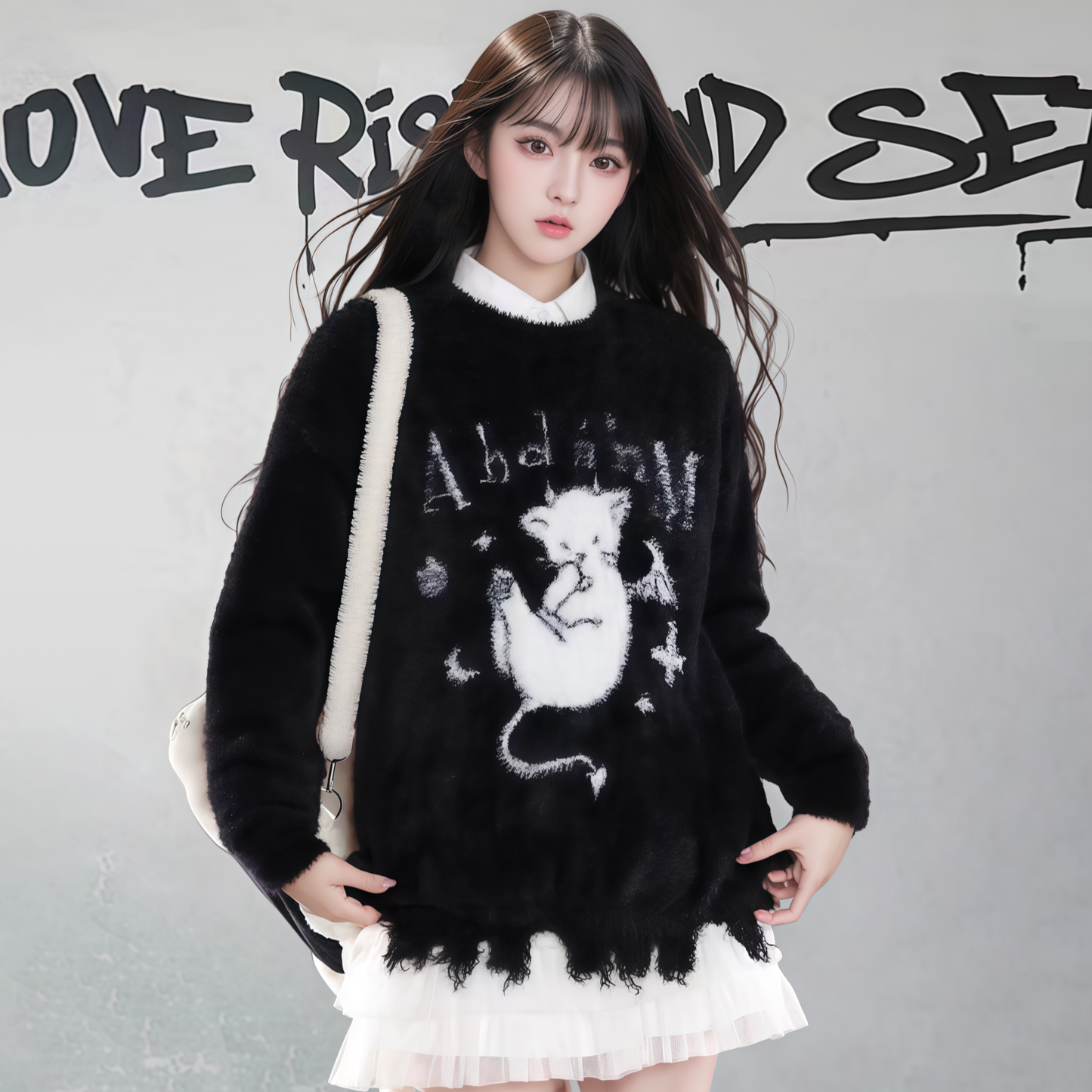 【トップス】ダメージ加工 猫モチーフ ニットセーター レディース 秋冬 ゆったり ルーズ カジュアル【FCシリーズ】