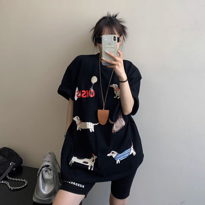 【トップス】【10～15日内発送】夏新作 個性派デザイン 綿100％ おしゃれ犬プリント 半袖Tシャツ【FCシリーズ】