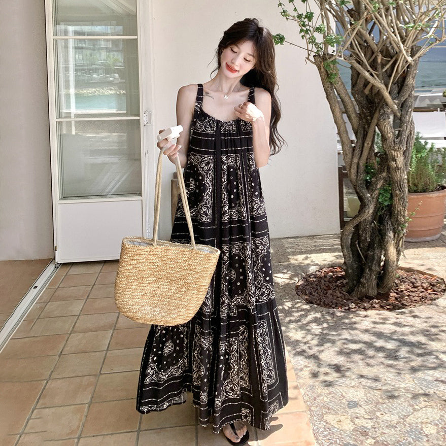 【ワンピース】夏 ブラック×エスニック風 大人上品ノースリーブ  キャミソールロングワンピース【SHシリーズ】