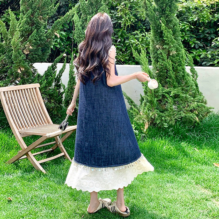 【ワンピース】夏新作 韓国風 ヴィンテージ風 スリム見え レーストリム ノースリーブ 切り替え デザイン ベストワンピース【JZシリーズ】