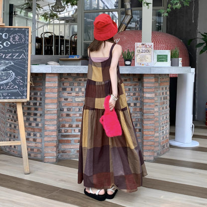 【ワンピース】夏新作 レトロ チェック柄 ゆったり カジュアル ノースリーブキャミワンピース【SHシリーズ】