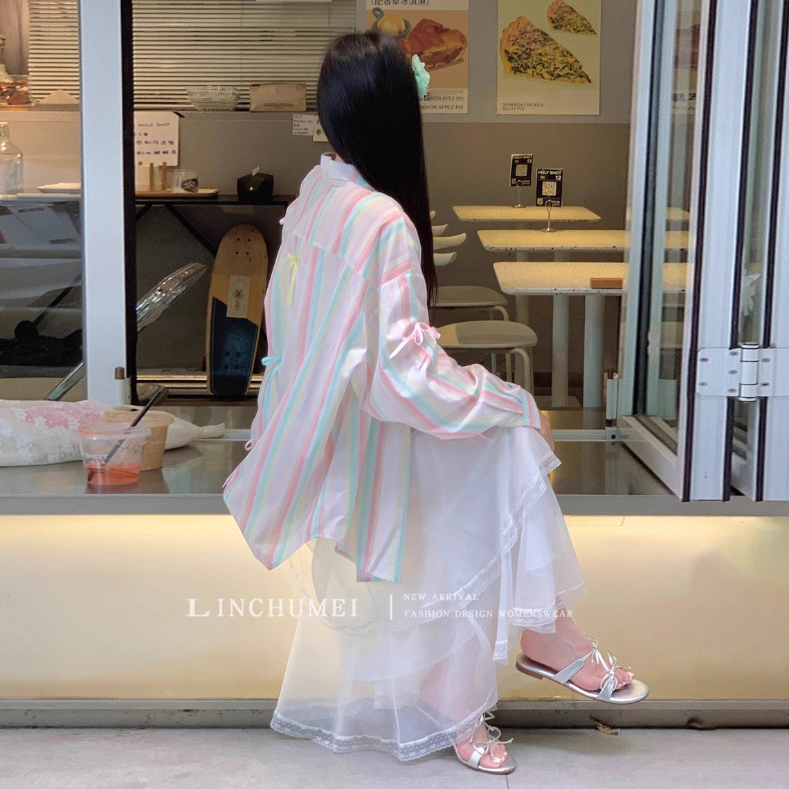 【アウター】リボンストライプ UVカットシャツ 春夏 韓国風 ゆったり スイート【SHシリーズ】