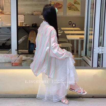 【アウター】リボンストライプ UVカットシャツ 春夏 韓国風 ゆったり スイート【SHシリーズ】